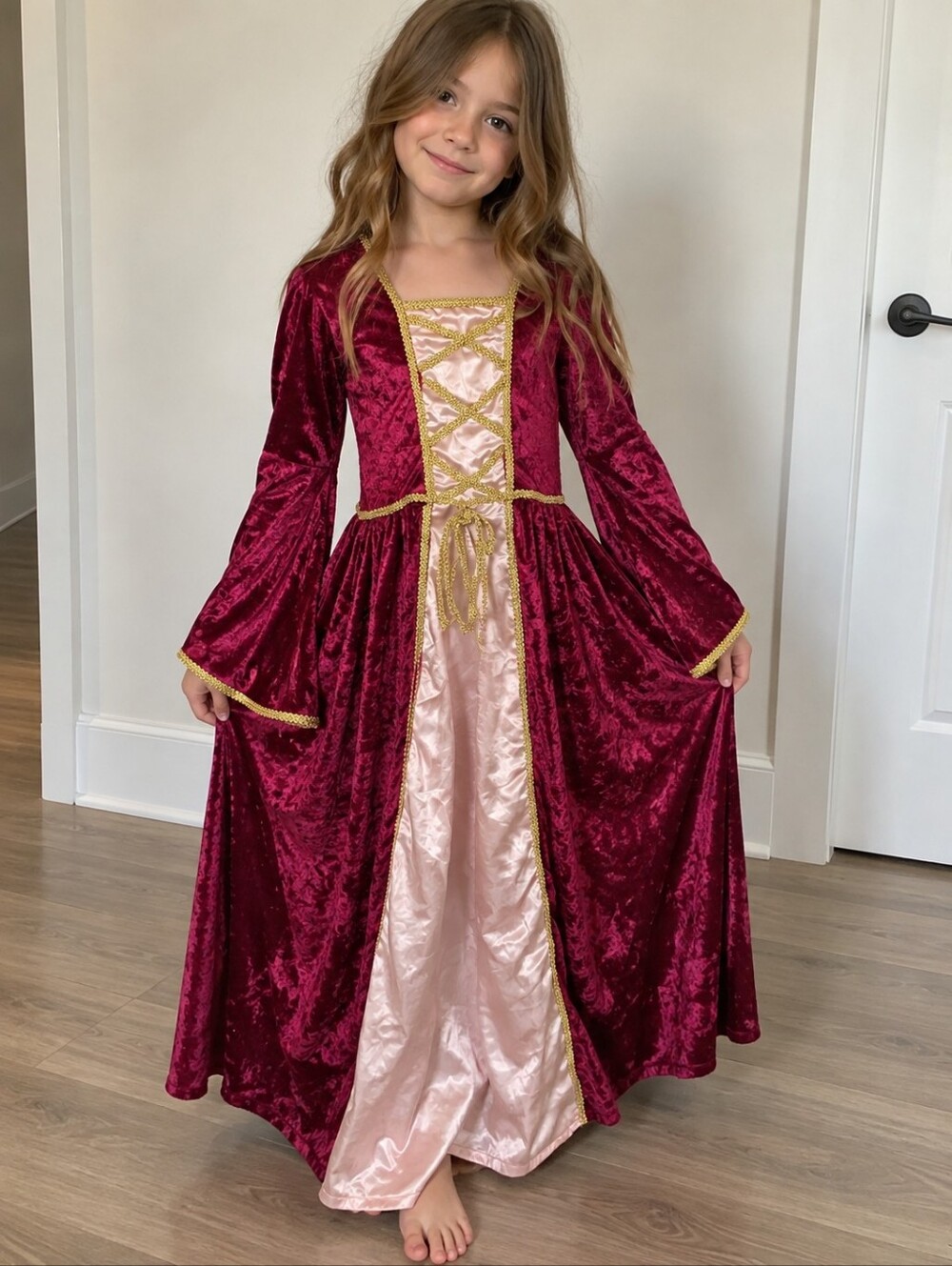 Girls' Burgundy Velvet Princess Costume Dress with Gold Trim